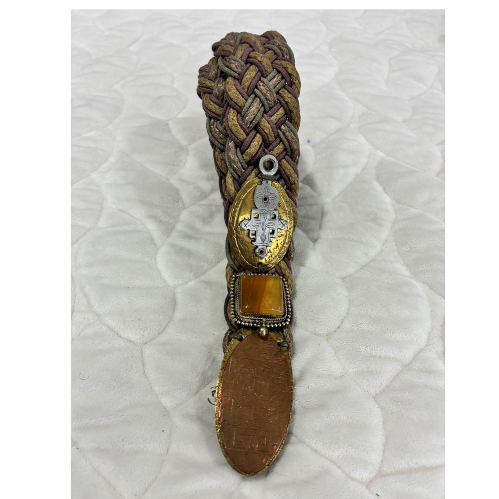 Vintage Braided Woven Belt with Decorative Stones and Metal Accents Boho Style